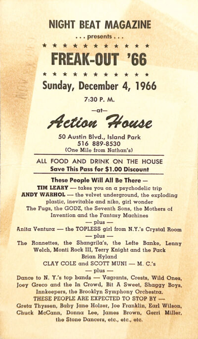 This is a promotional card for Freak-Out ’66, an event held on Sunday, December 4, 1966, at Action House, located at 50 Austin Blvd., Island Park, New York.