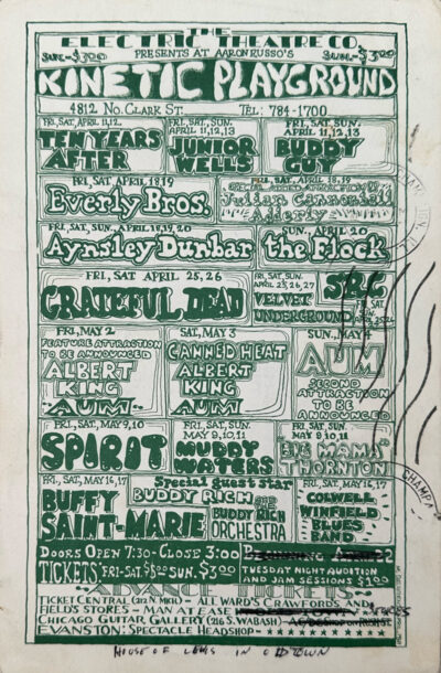 The Velvet Underground is prominently featured as one of the headline acts for April 25-27, 1969, sharing billing with other major performers such as The Grateful Dead and SRC.