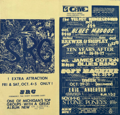 The striking blue-and-white design features scheduled performances by a range of artists, including SRC (formerly Scott Richard Case), The Velvet Underground (October 4-5), Blues Magoos, Ten Years After, and Traffic,