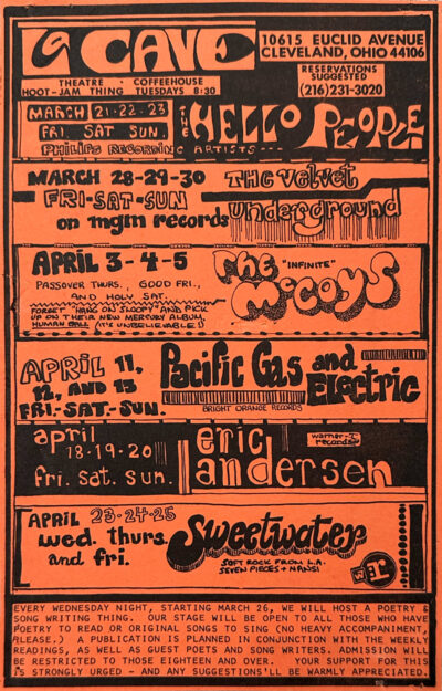 This postcard mailer is a vibrant advertisement for La Cave, a renowned music venue in Cleveland, Ohio, and highlights performances scheduled in March and April 1969.