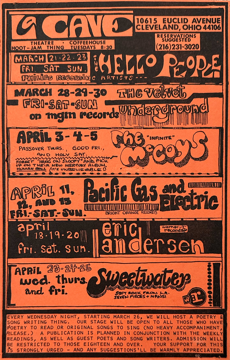 This postcard mailer is a vibrant advertisement for La Cave, a renowned music venue in Cleveland, Ohio, and highlights performances scheduled in March and April 1969.