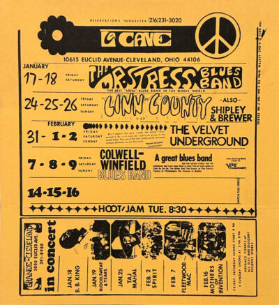 eaturing a detailed schedule of performances, the card promotes The Velvet Underground's three-night engagement from January 31 to February 2, 1969.