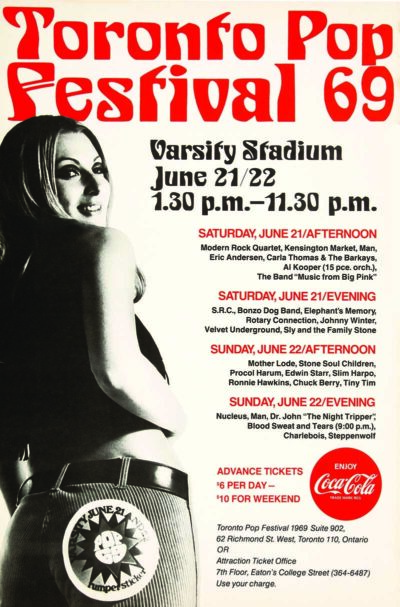 This striking poster promotes the Toronto Pop Festival 1969, held on June 21 and 22 at Varsity Stadium in Toronto, Ontario.